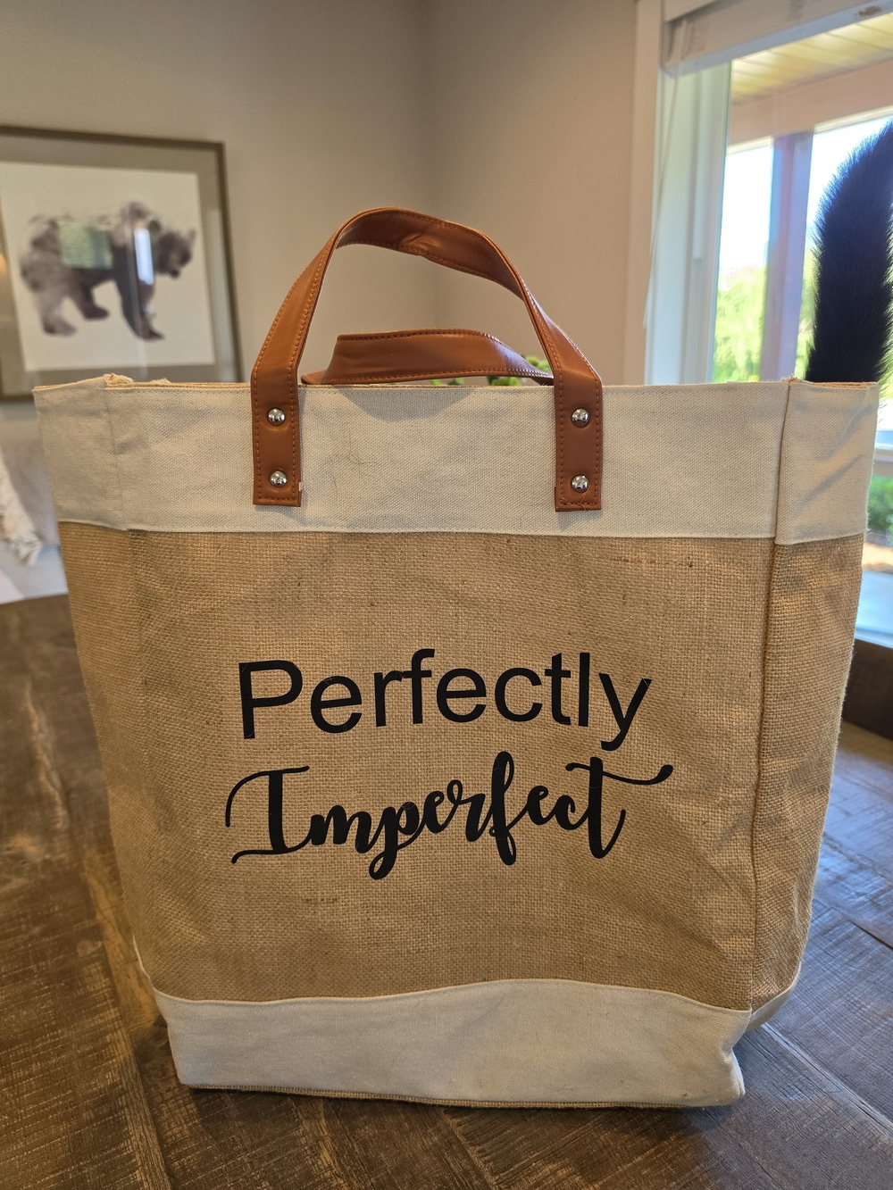 Perfectly Imperfect Canvas Tote with Brown Faux Leather Handles